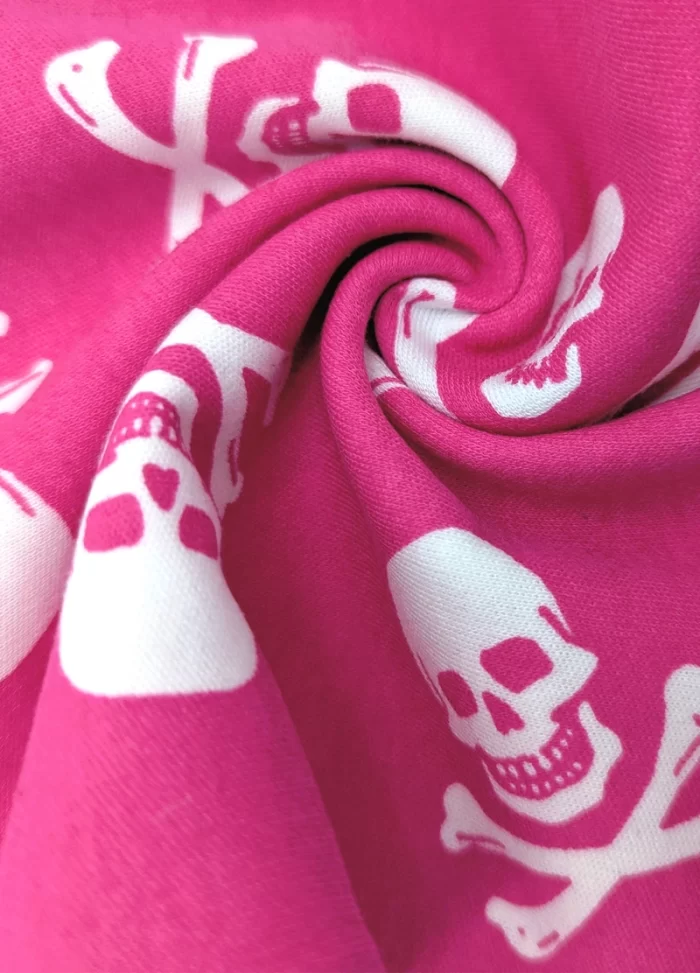 Skull & Crossbones Pink Baby Sleepsuit & Grow Goth Fabric